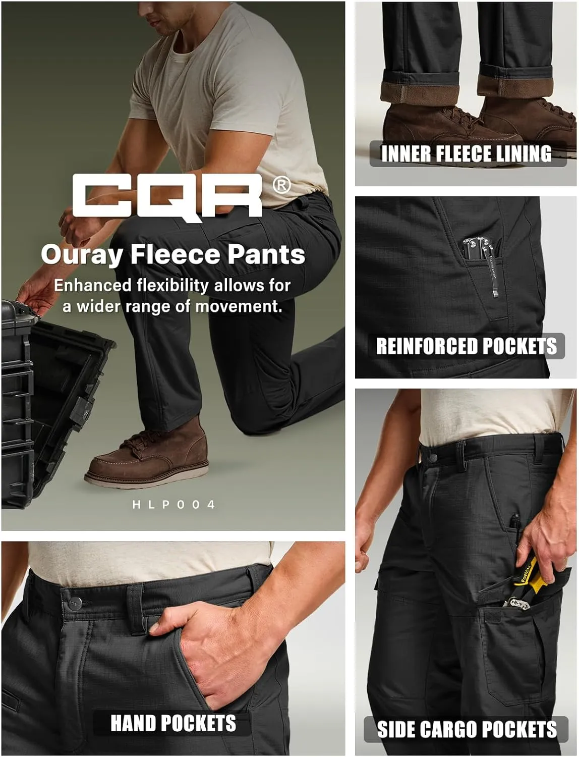 CQR Men's Winter Tactical Cargo Pants, Thermal Fleece Lined Outdoor Snow Ski Hiking Work