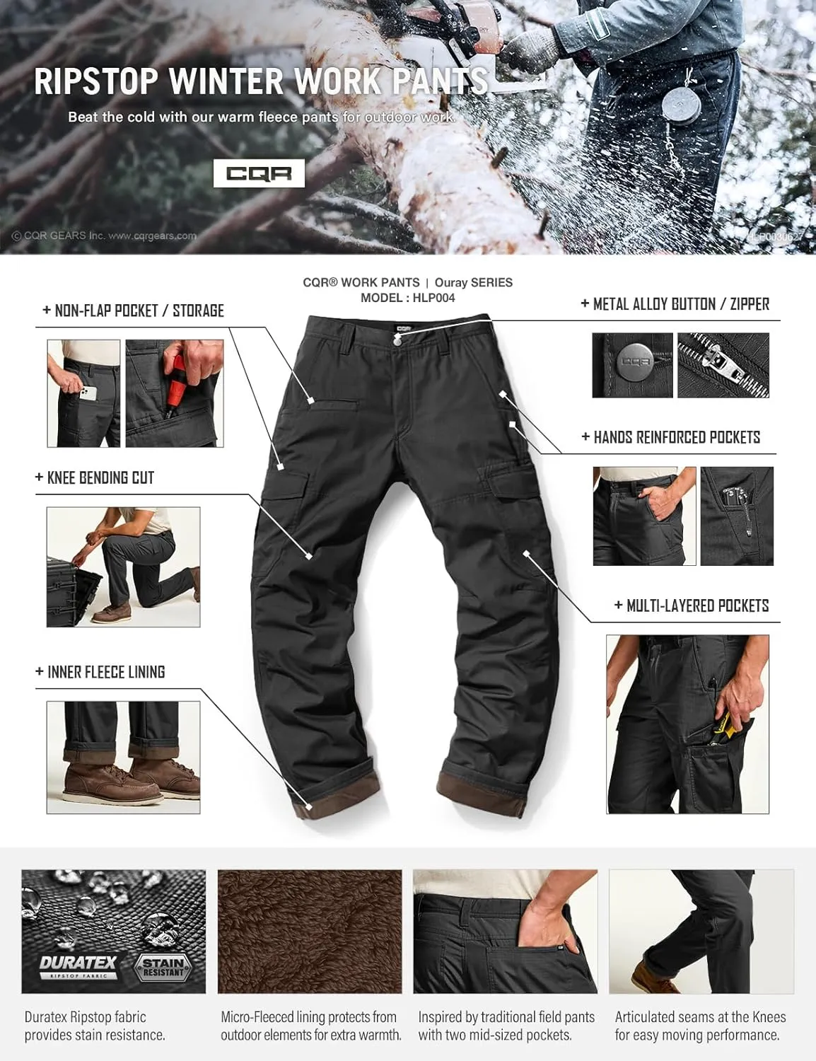 CQR Men's Winter Tactical Cargo Pants, Thermal Fleece Lined Outdoor Snow Ski Hiking Work