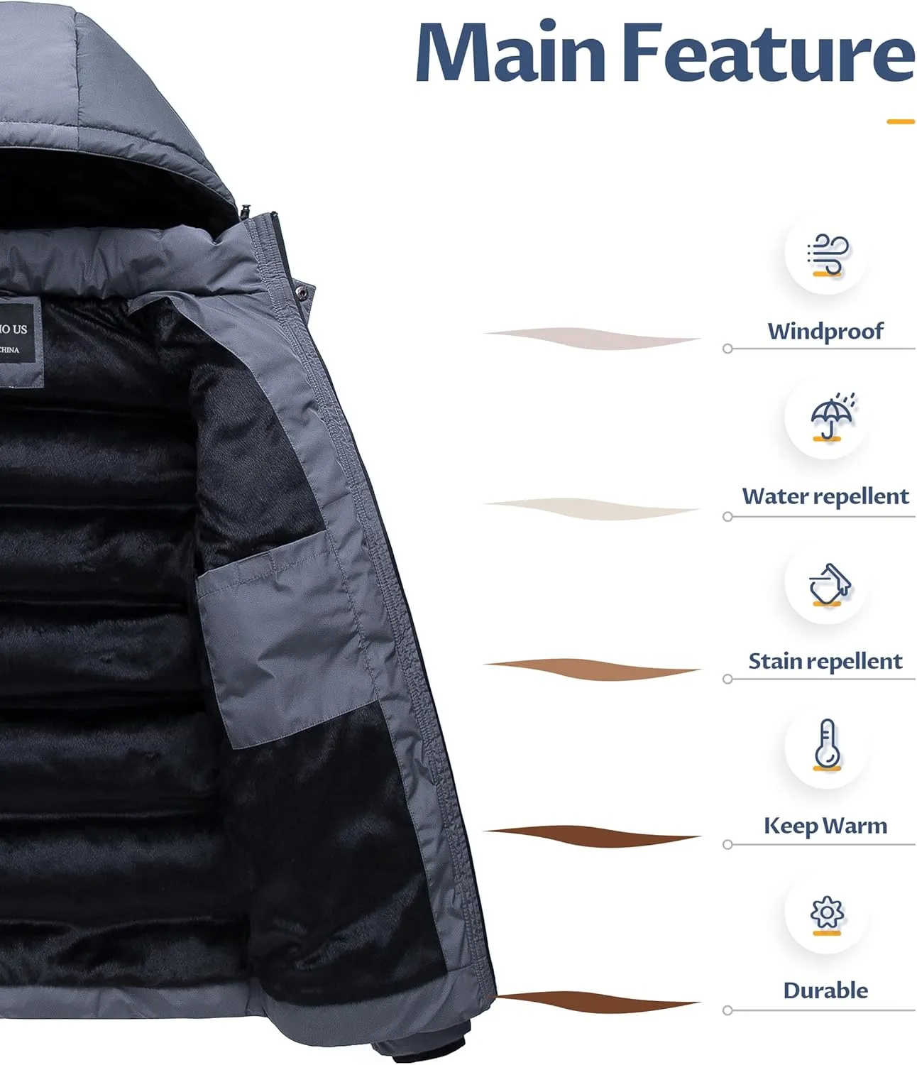 CREATMO US Men's Puffer Jacket Waterproof Winter Parka jacket Warm Thicken Ski Coat