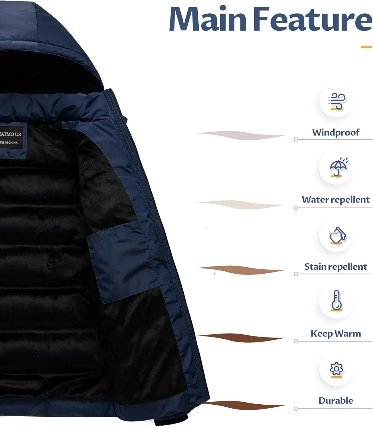 CREATMO US Men's Puffer Jacket Waterproof Winter Parka jacket Warm Thicken Ski Coat