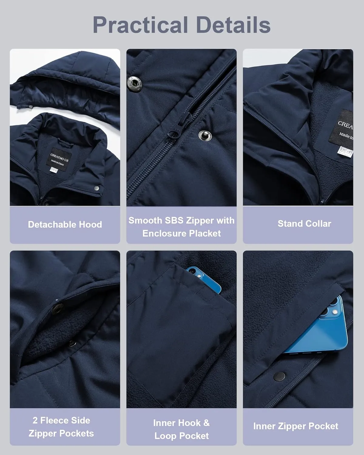 CREATMO US Women's Plus Size Warm Puffer Jacket Waterproof Fleece Lined Winter Coat with Removable Hood
