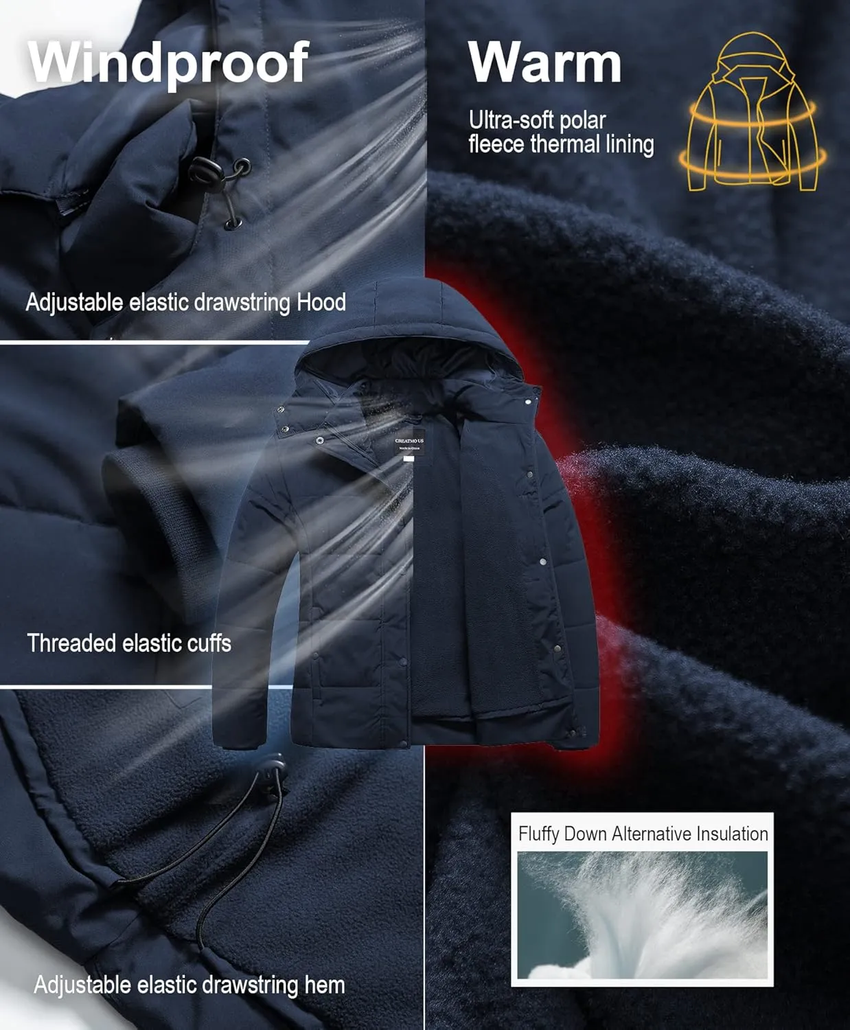 CREATMO US Women's Plus Size Warm Puffer Jacket Waterproof Fleece Lined Winter Coat with Removable Hood