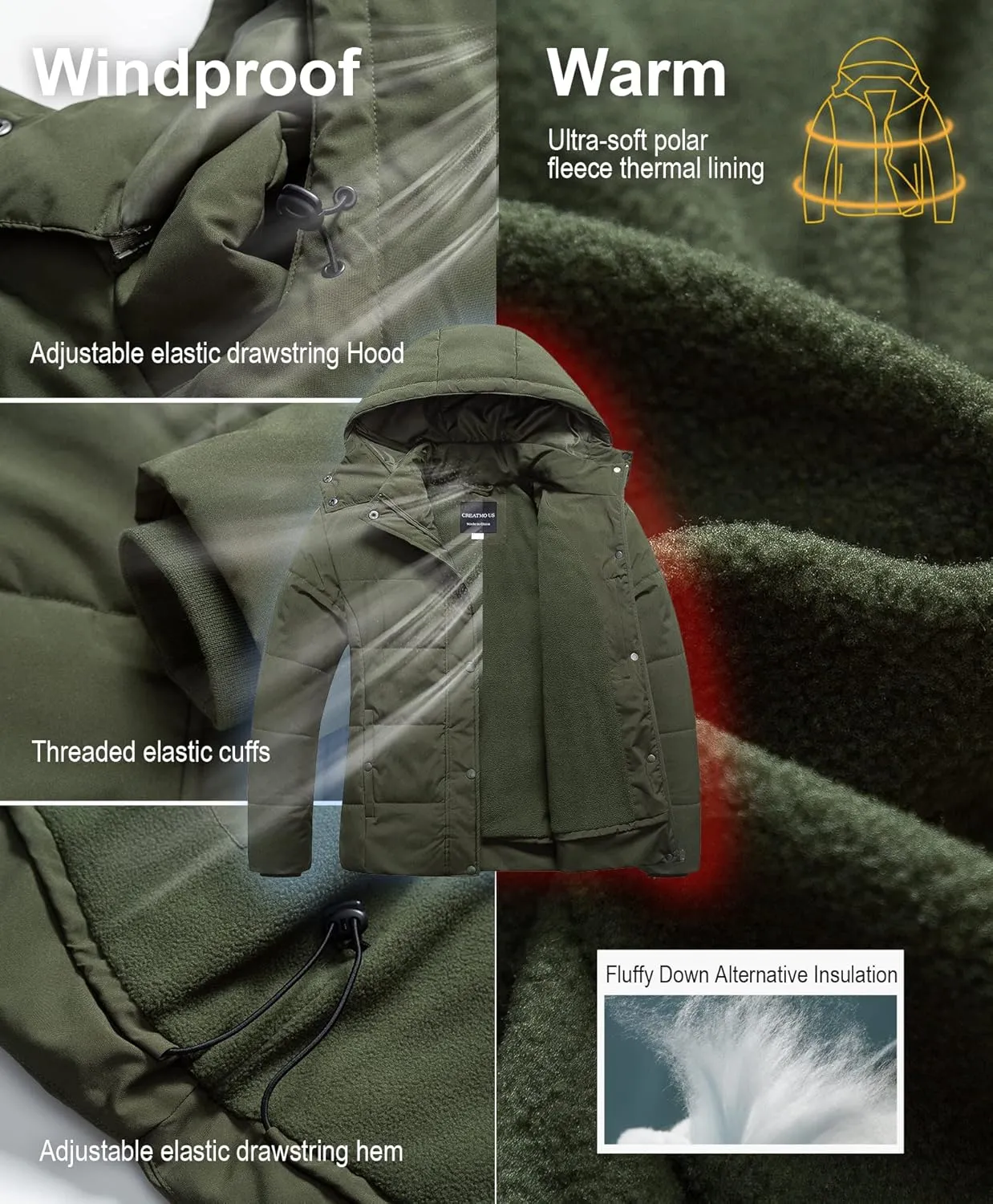 CREATMO US Women's Plus Size Warm Puffer Jacket Waterproof Fleece Lined Winter Coat with Removable Hood