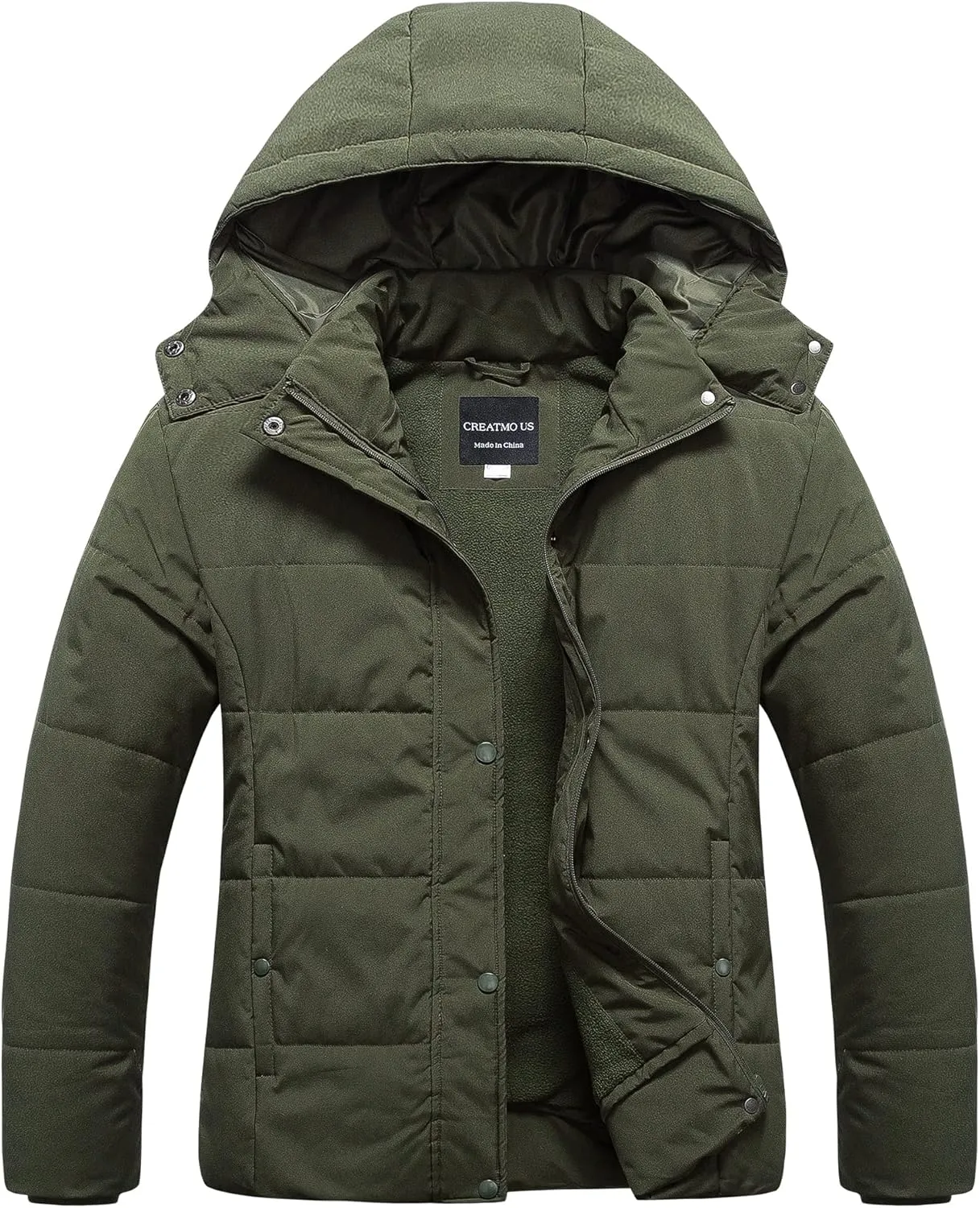 CREATMO US Women's Plus Size Warm Puffer Jacket Waterproof Fleece Lined Winter Coat with Removable Hood