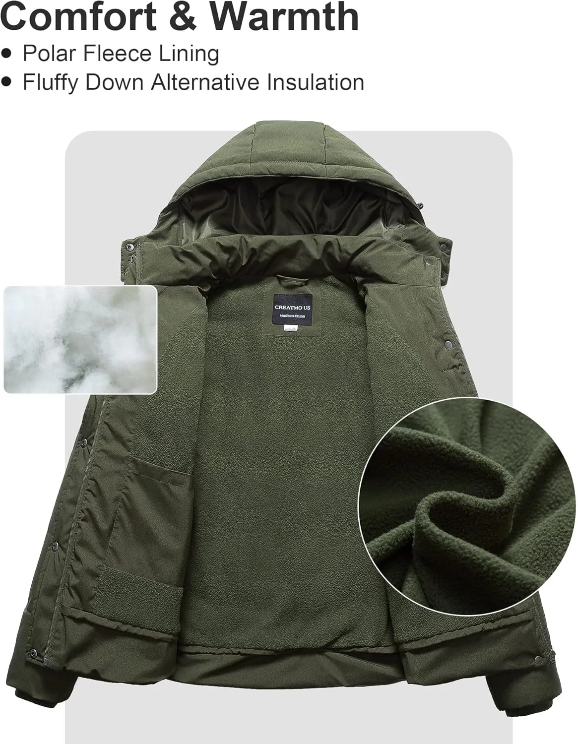 CREATMO US Women's Plus Size Warm Puffer Jacket Waterproof Fleece Lined Winter Coat with Removable Hood