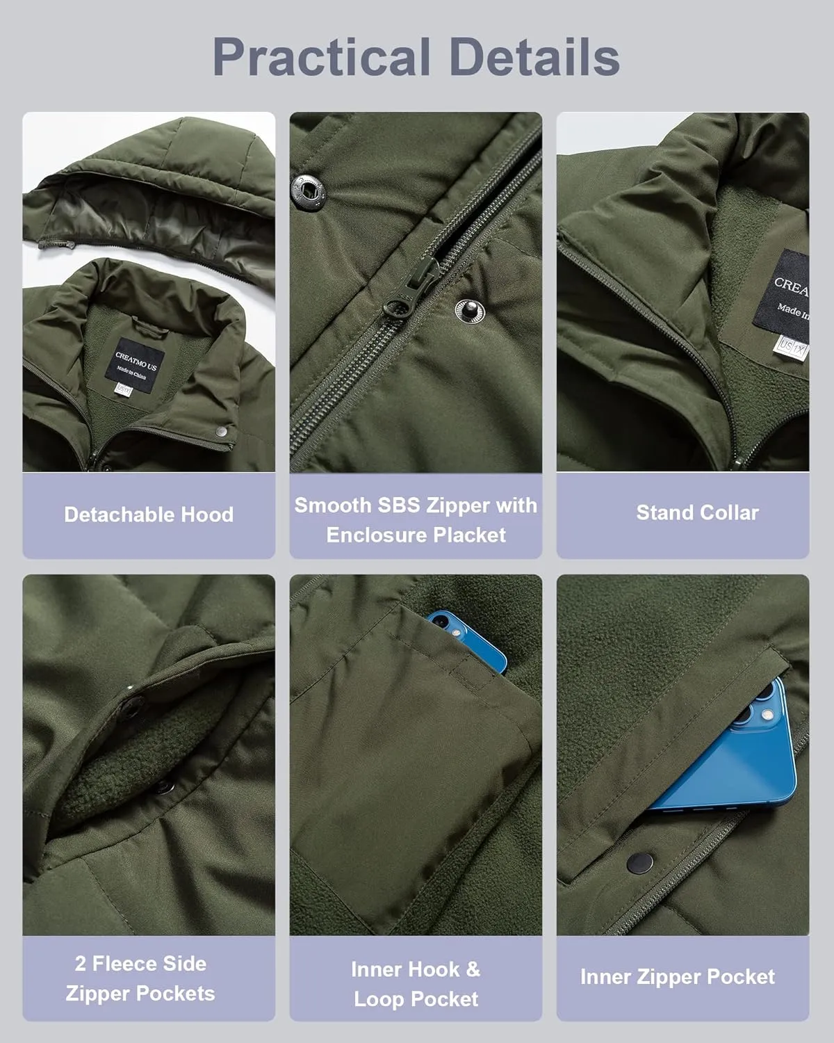 CREATMO US Women's Plus Size Warm Puffer Jacket Waterproof Fleece Lined Winter Coat with Removable Hood