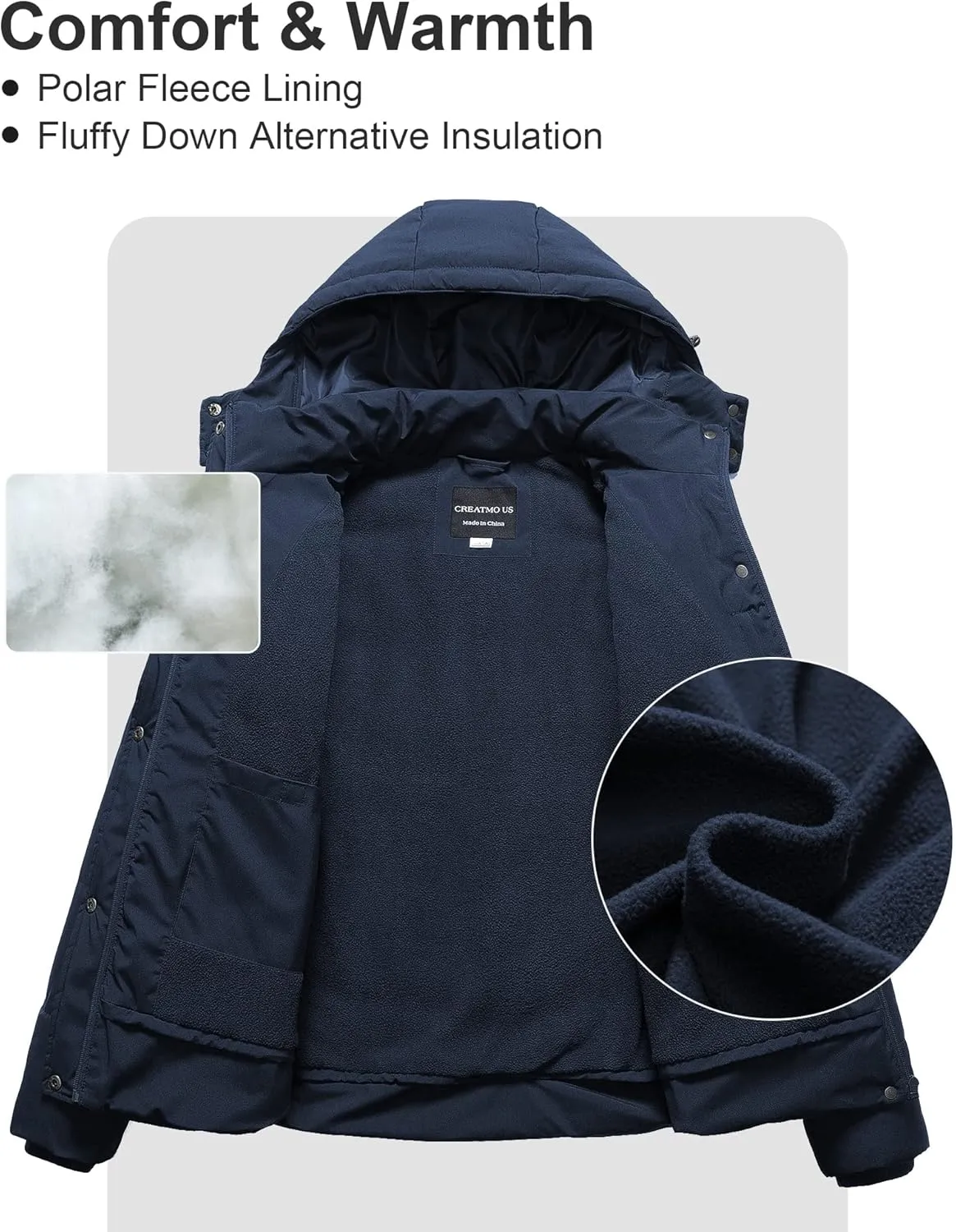 CREATMO US Women's Plus Size Warm Puffer Jacket Waterproof Fleece Lined Winter Coat with Removable Hood