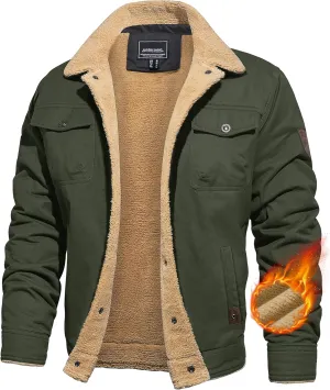 CRYSULLY Men's Winter Cargo Jacket Fur Collar Fleece Casual Warm Cotton Military Coat