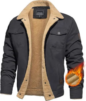 CRYSULLY Men's Winter Cargo Jacket Fur Collar Fleece Casual Warm Cotton Military Coat