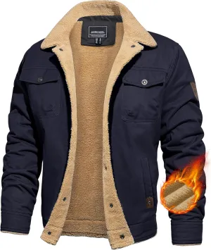 CRYSULLY Men's Winter Cargo Jacket Fur Collar Fleece Casual Warm Cotton Military Coat