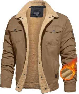 CRYSULLY Men's Winter Cargo Jacket Fur Collar Fleece Casual Warm Cotton Military Coat