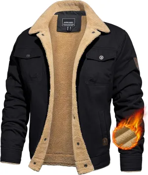 CRYSULLY Men's Winter Cargo Jacket Fur Collar Fleece Casual Warm Cotton Military Coat