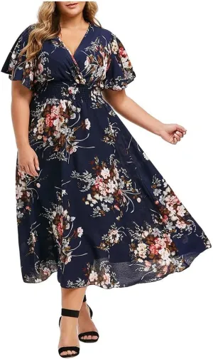 DASAYO Plus Size Dresses for Curvy Women Floral Maxi Dress Short Sleeve Wrap V Neck Ruffle Long Sundresses