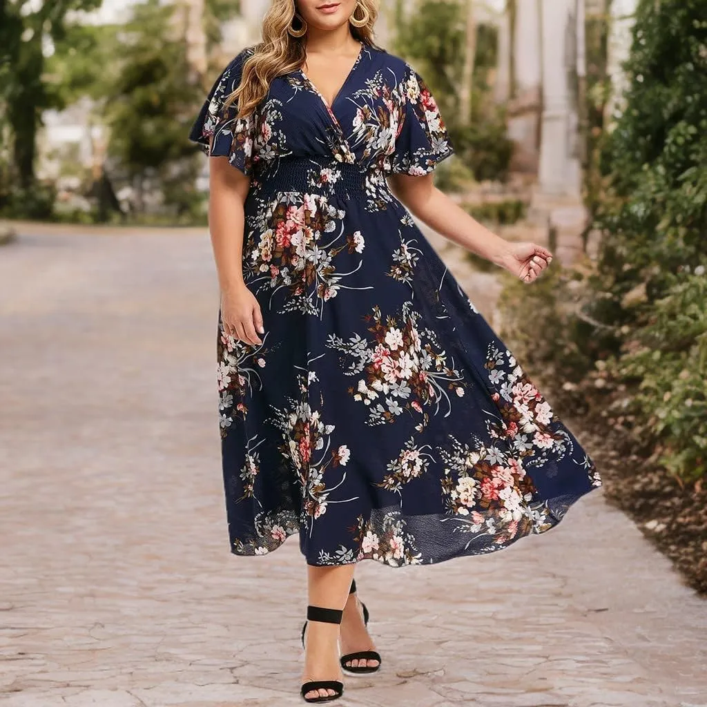 DASAYO Plus Size Dresses for Curvy Women Floral Maxi Dress Short Sleeve Wrap V Neck Ruffle Long Sundresses