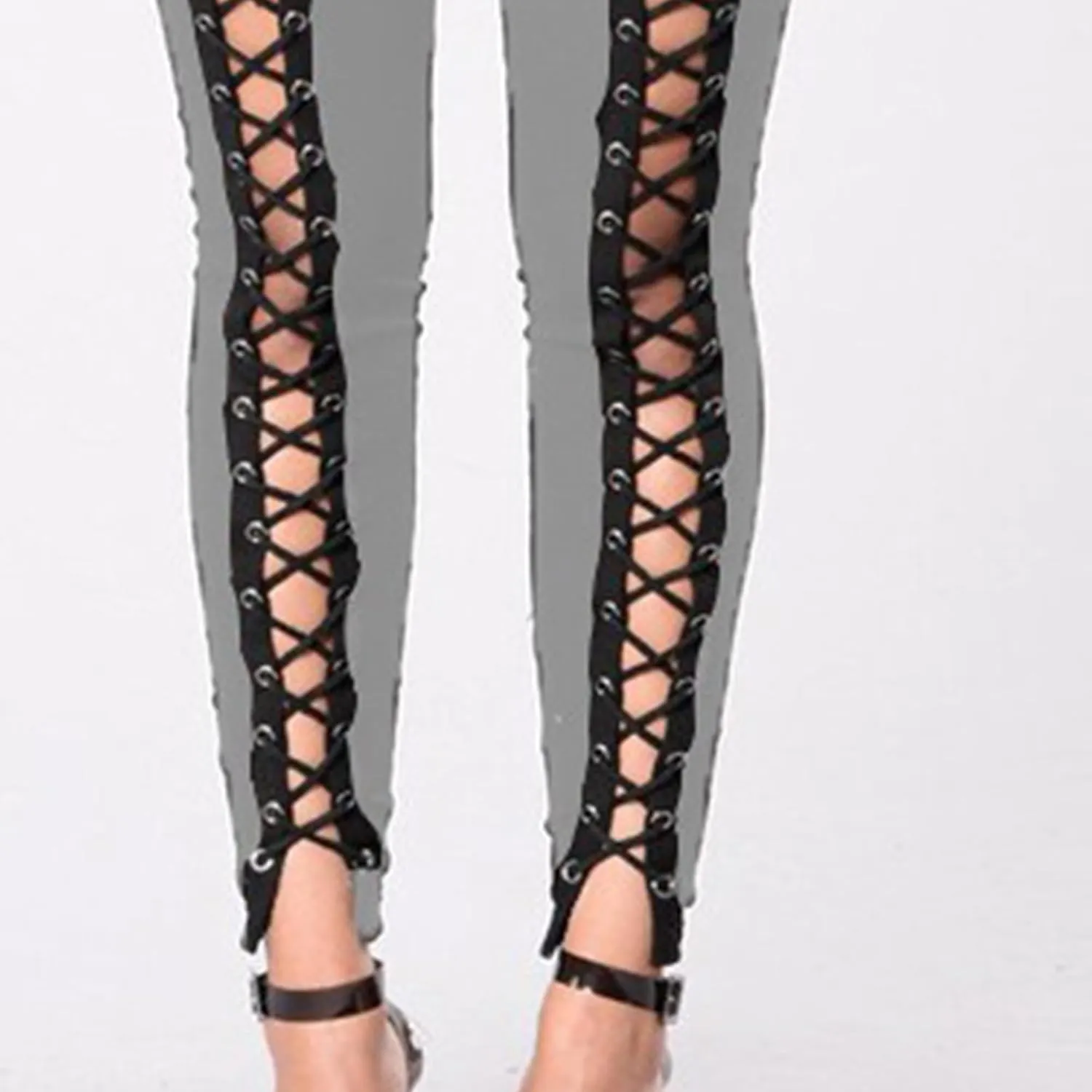 DGHM-JLMY Womens Slim Lace Up Leggings High Waist Bandage Front Lacing Pants Hollow Out Stretch Skinny Narrow Trousers