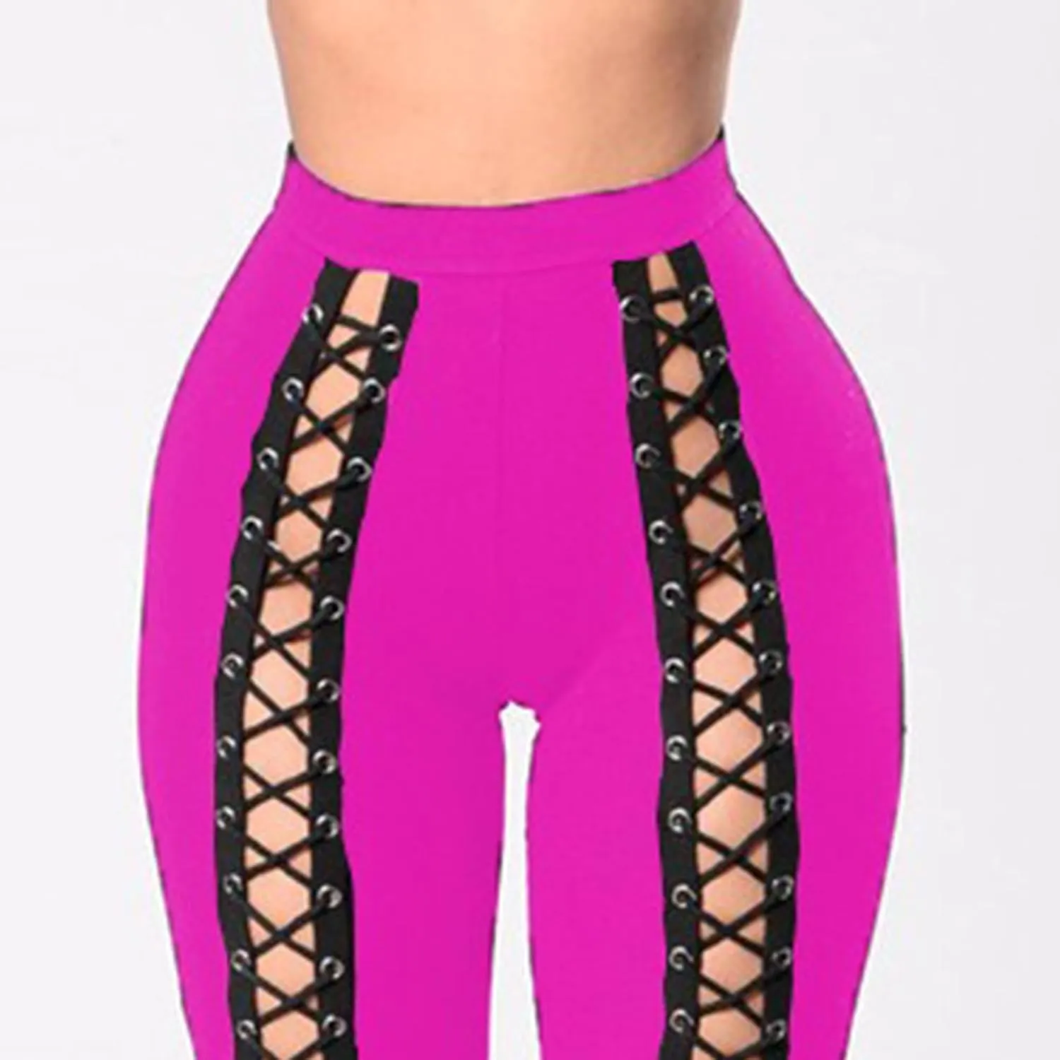 DGHM-JLMY Womens Slim Lace Up Leggings High Waist Bandage Front Lacing Pants Hollow Out Stretch Skinny Narrow Trousers