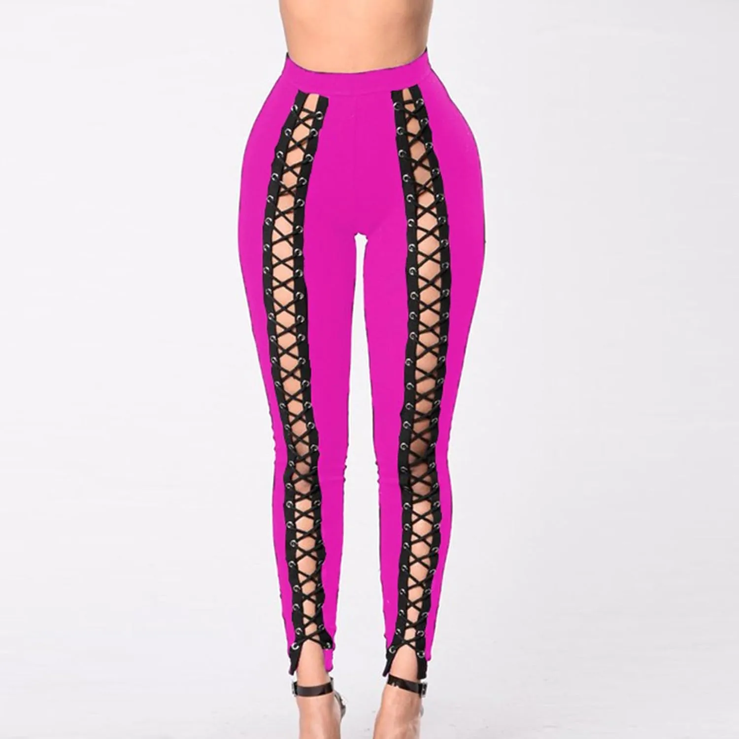 DGHM-JLMY Womens Slim Lace Up Leggings High Waist Bandage Front Lacing Pants Hollow Out Stretch Skinny Narrow Trousers
