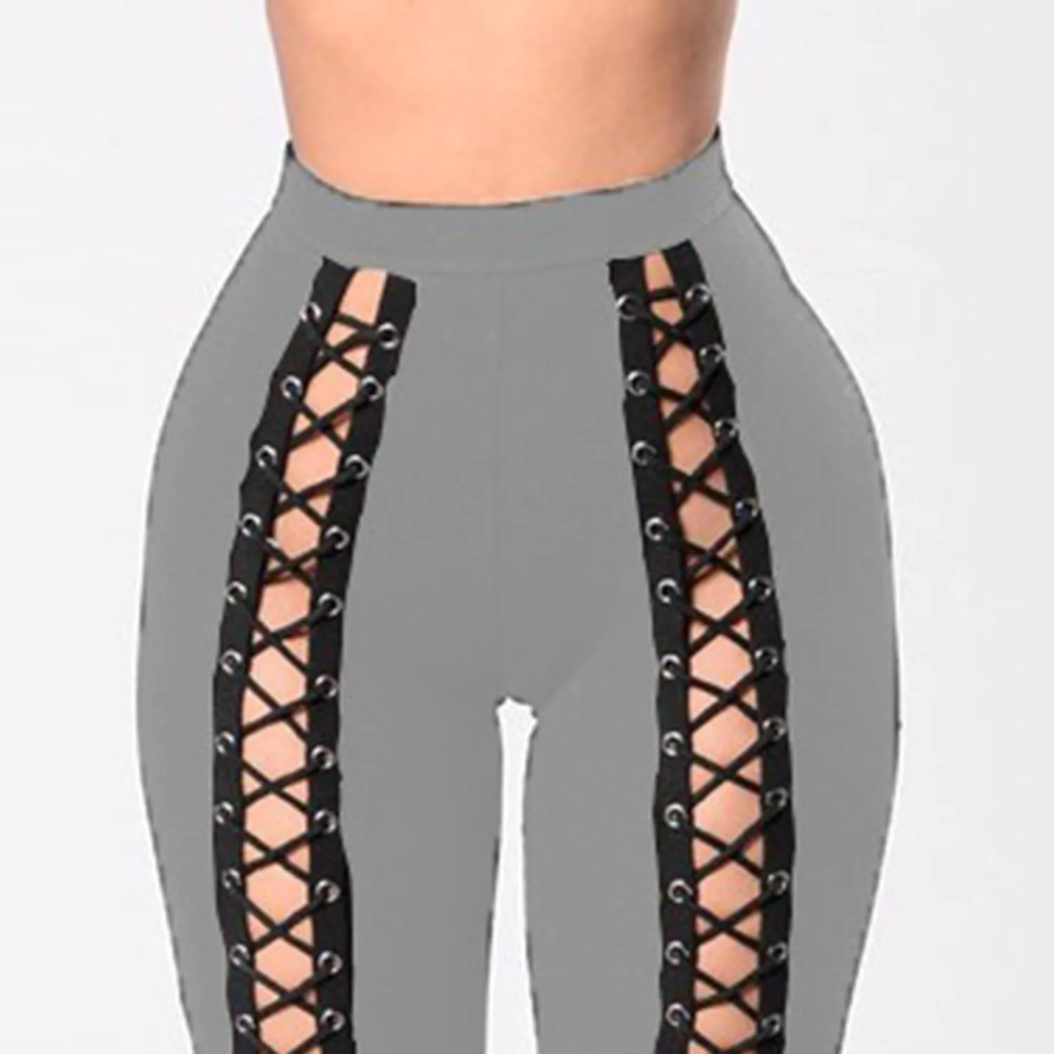 DGHM-JLMY Womens Slim Lace Up Leggings High Waist Bandage Front Lacing Pants Hollow Out Stretch Skinny Narrow Trousers