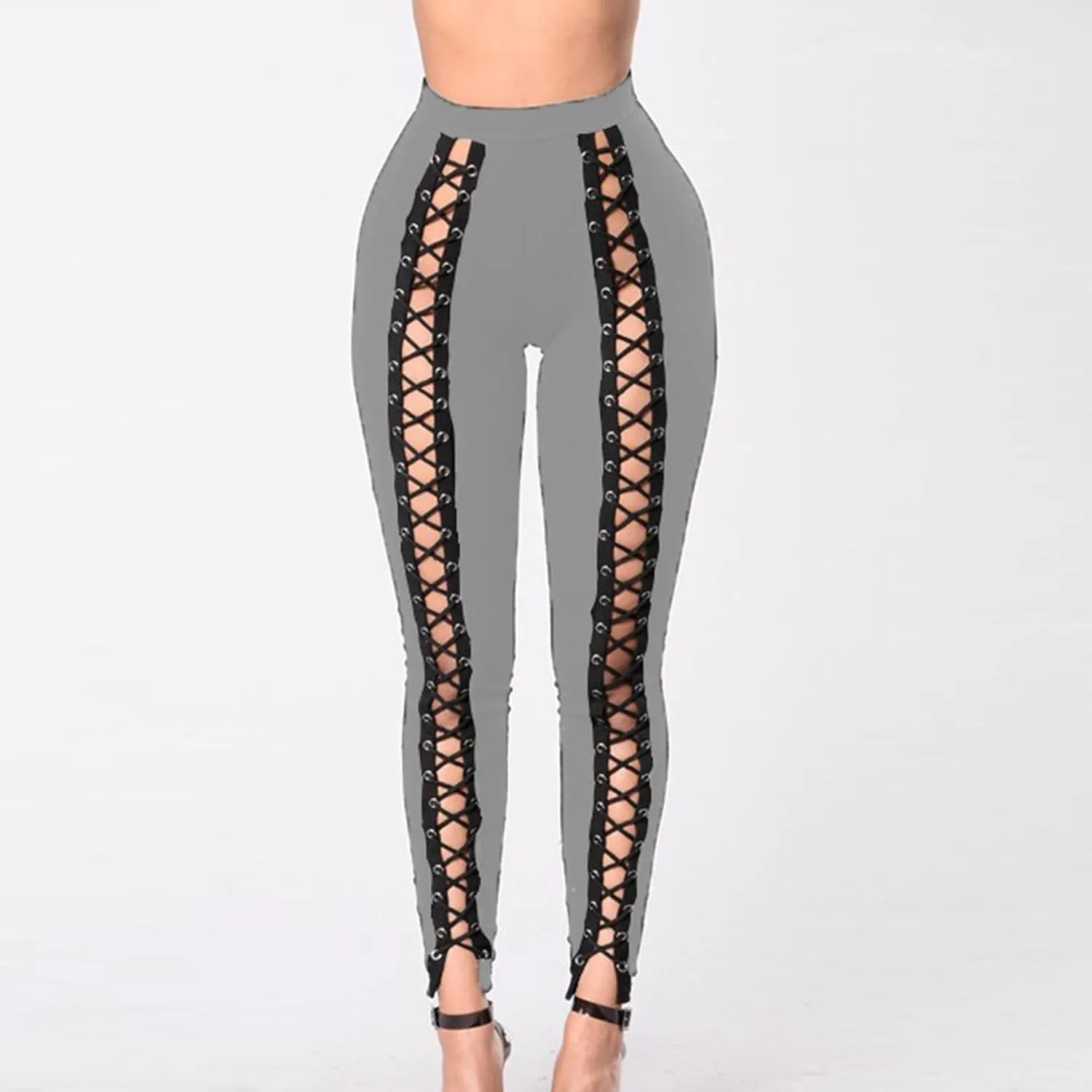 DGHM-JLMY Womens Slim Lace Up Leggings High Waist Bandage Front Lacing Pants Hollow Out Stretch Skinny Narrow Trousers