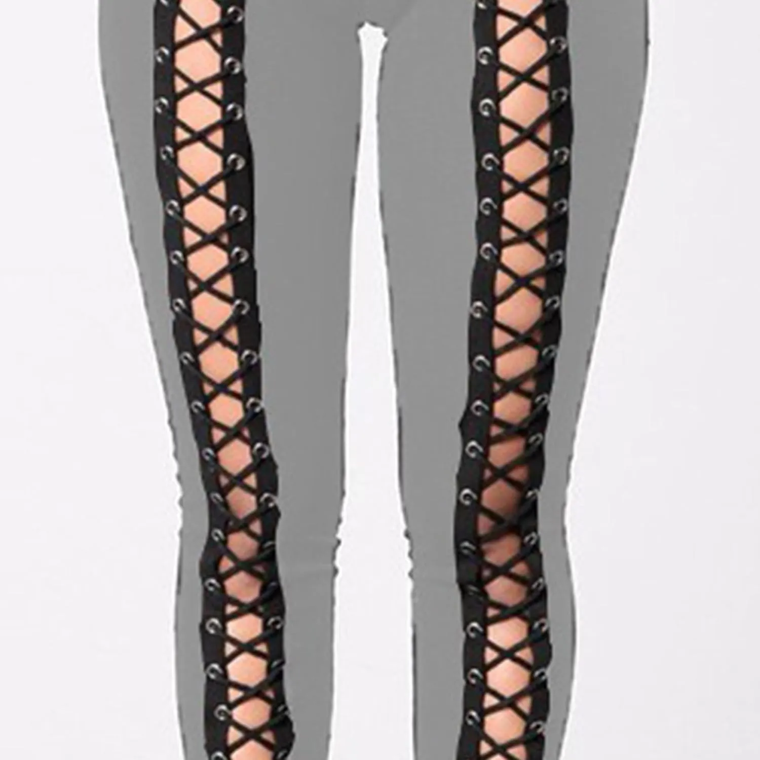 DGHM-JLMY Womens Slim Lace Up Leggings High Waist Bandage Front Lacing Pants Hollow Out Stretch Skinny Narrow Trousers