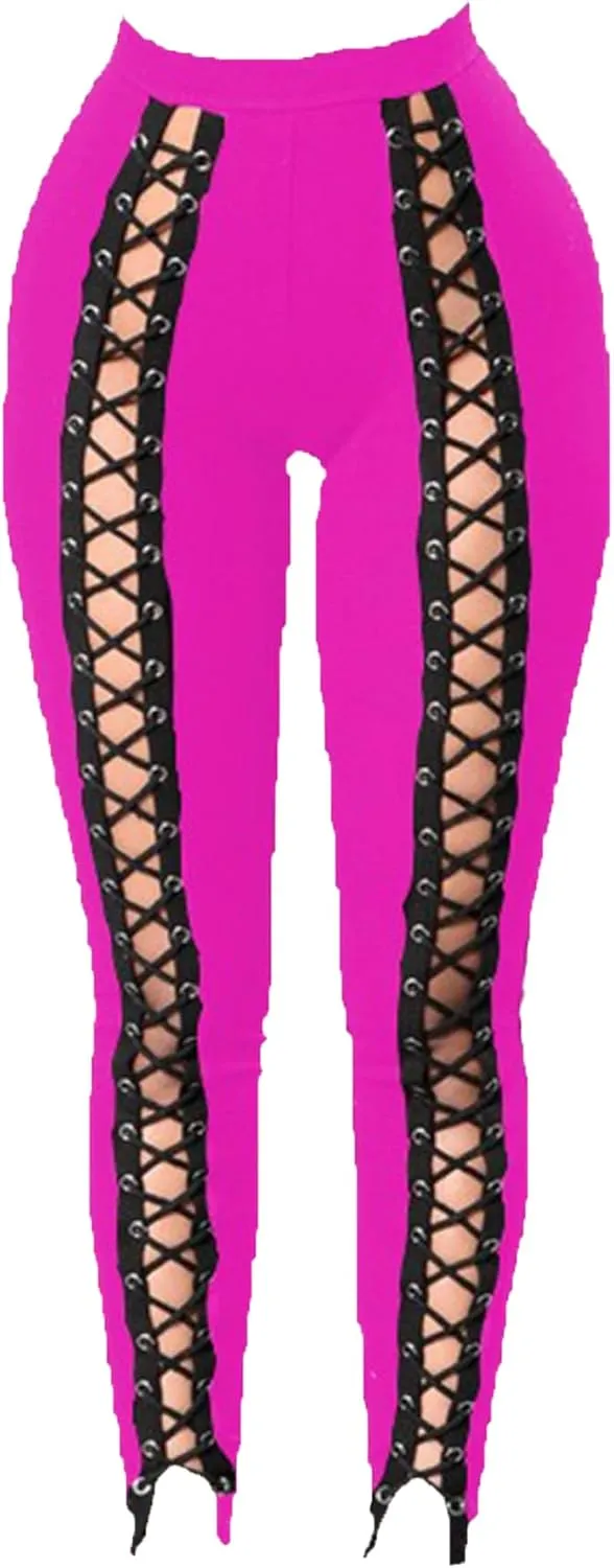 DGHM-JLMY Womens Slim Lace Up Leggings High Waist Bandage Front Lacing Pants Hollow Out Stretch Skinny Narrow Trousers