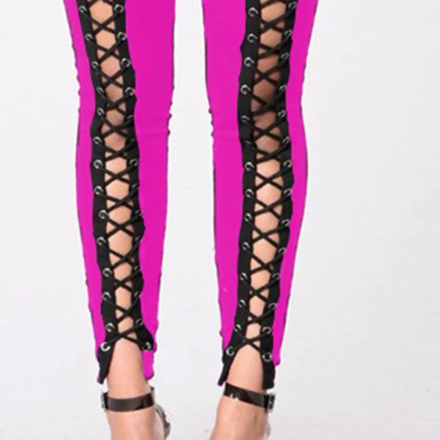 DGHM-JLMY Womens Slim Lace Up Leggings High Waist Bandage Front Lacing Pants Hollow Out Stretch Skinny Narrow Trousers