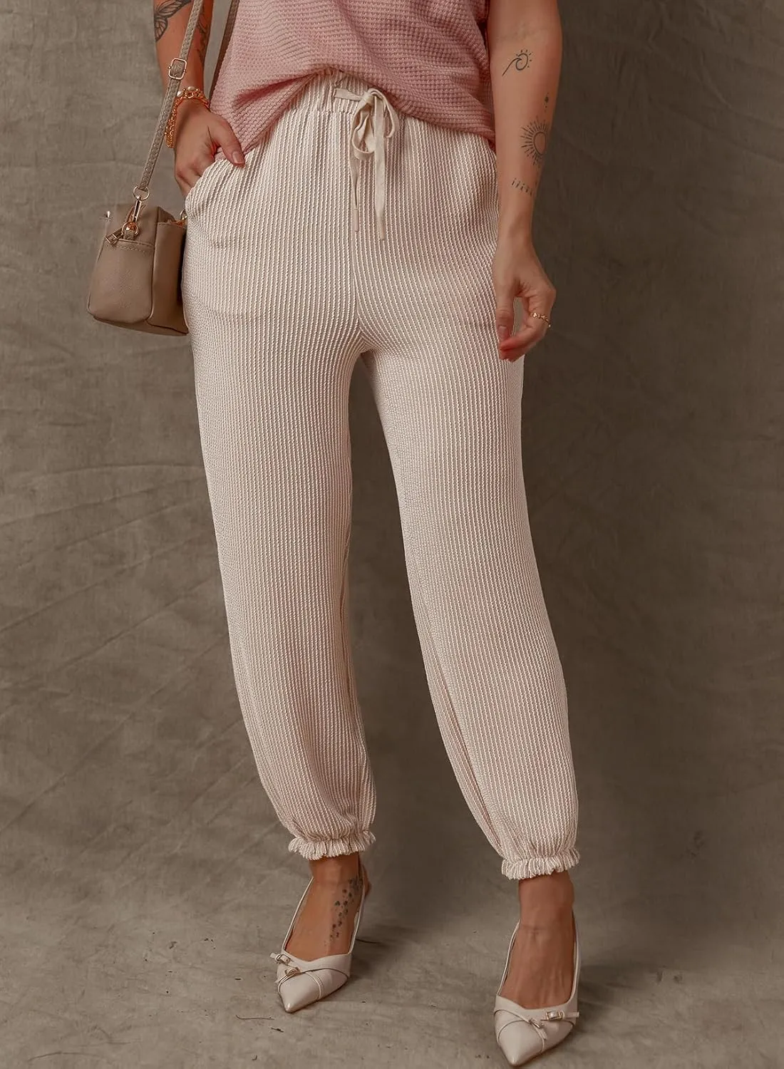 Dokotoo Womens Casual Pants Drawstring Textured 2024 High Waisted Ribbed Fall Long Carrot Baggy Trousers with Pockets