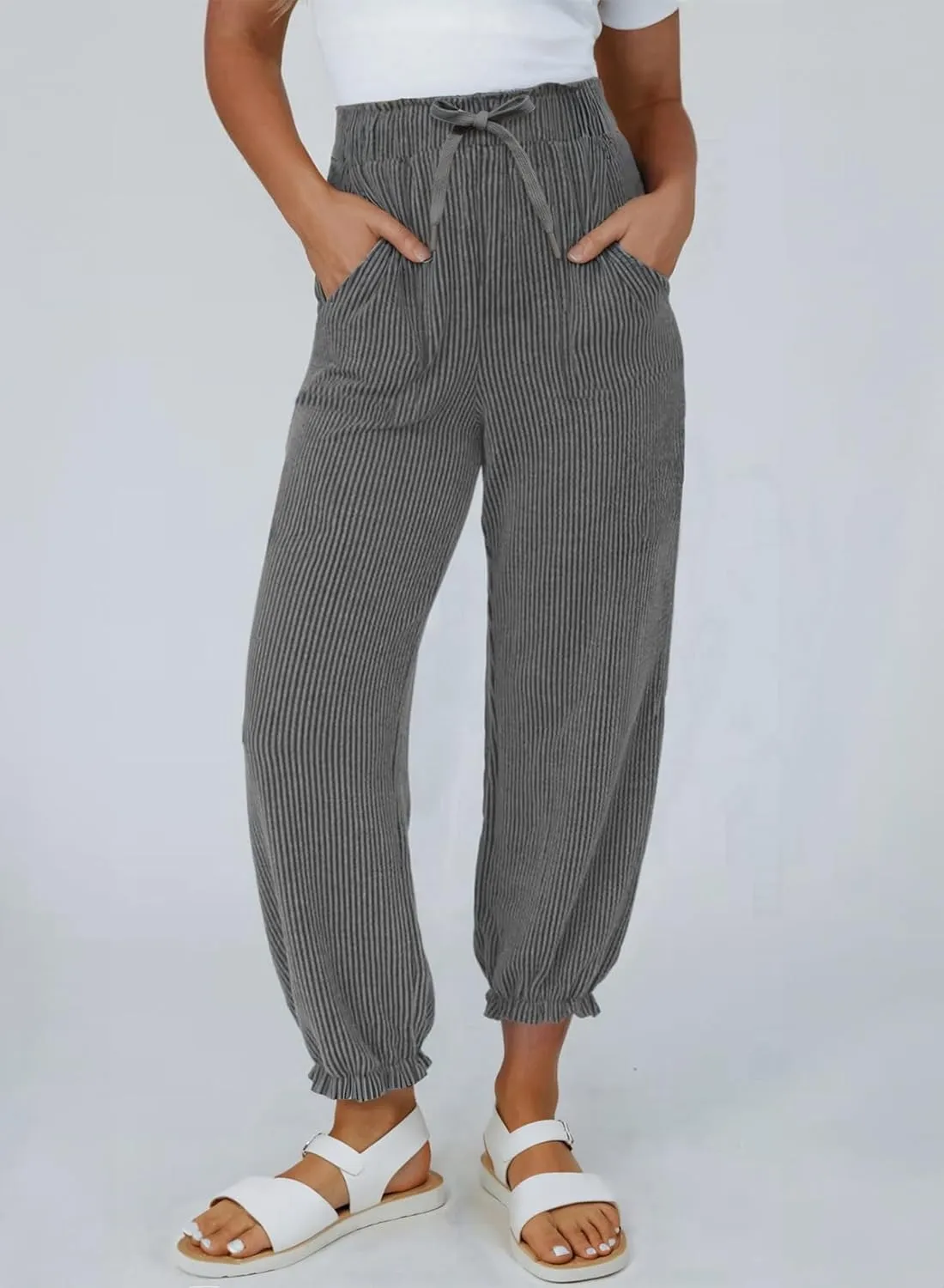 Dokotoo Womens Casual Pants Drawstring Textured 2024 High Waisted Ribbed Fall Long Carrot Baggy Trousers with Pockets