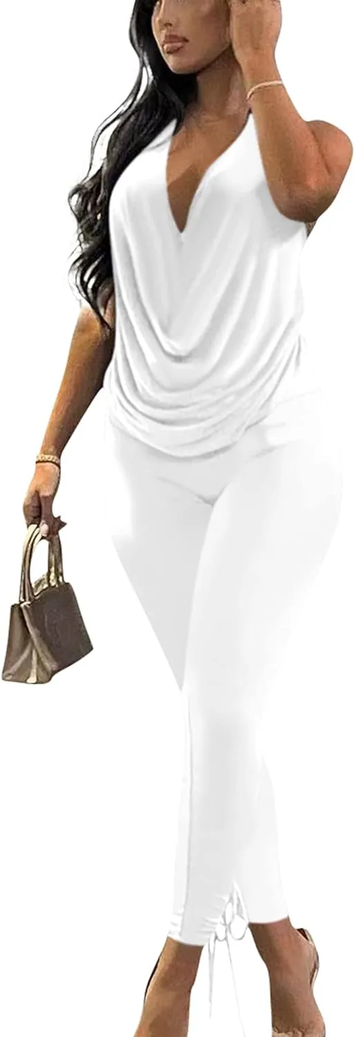 Doweha Women's Sexy Summer Two Piece Outfits Sleeveless Backless Deep V Neck Tank Tops And High Waisted Pants Matching Sets