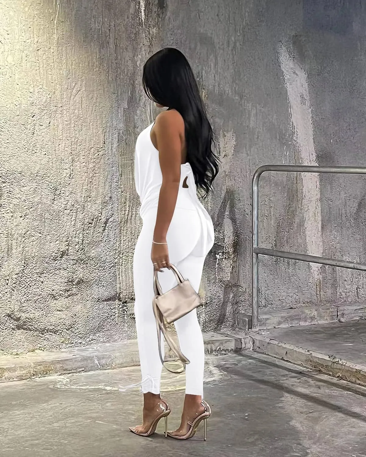 Doweha Women's Sexy Summer Two Piece Outfits Sleeveless Backless Deep V Neck Tank Tops And High Waisted Pants Matching Sets
