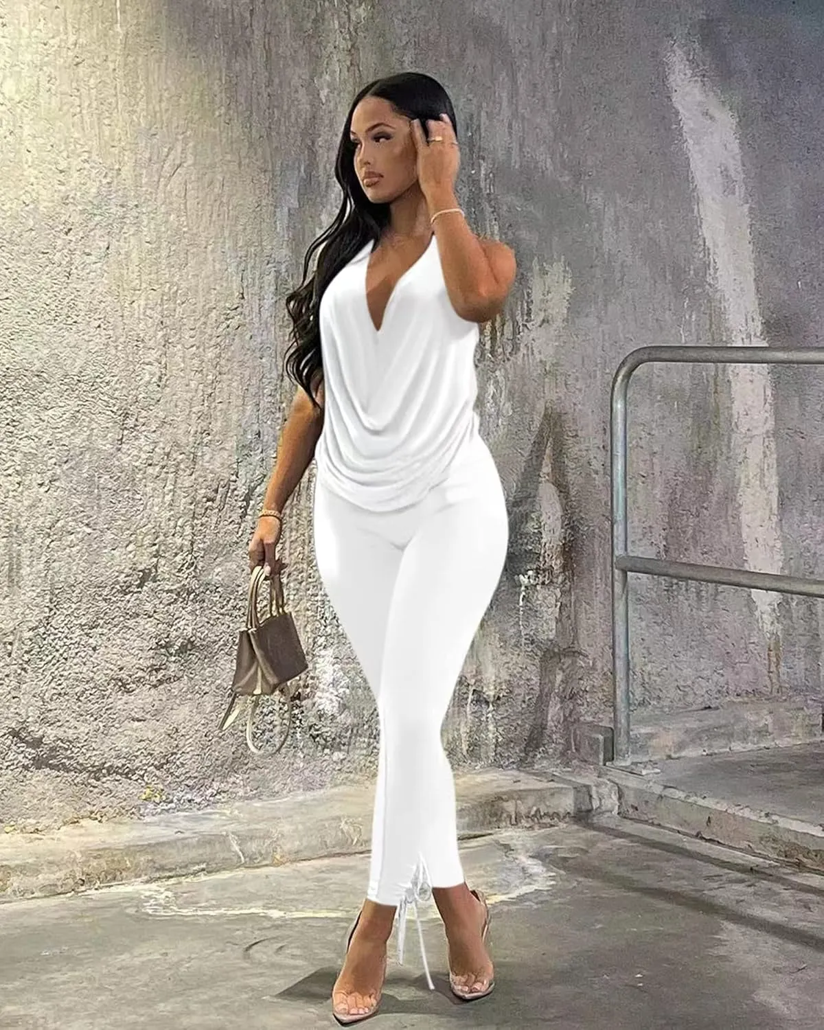 Doweha Women's Sexy Summer Two Piece Outfits Sleeveless Backless Deep V Neck Tank Tops And High Waisted Pants Matching Sets