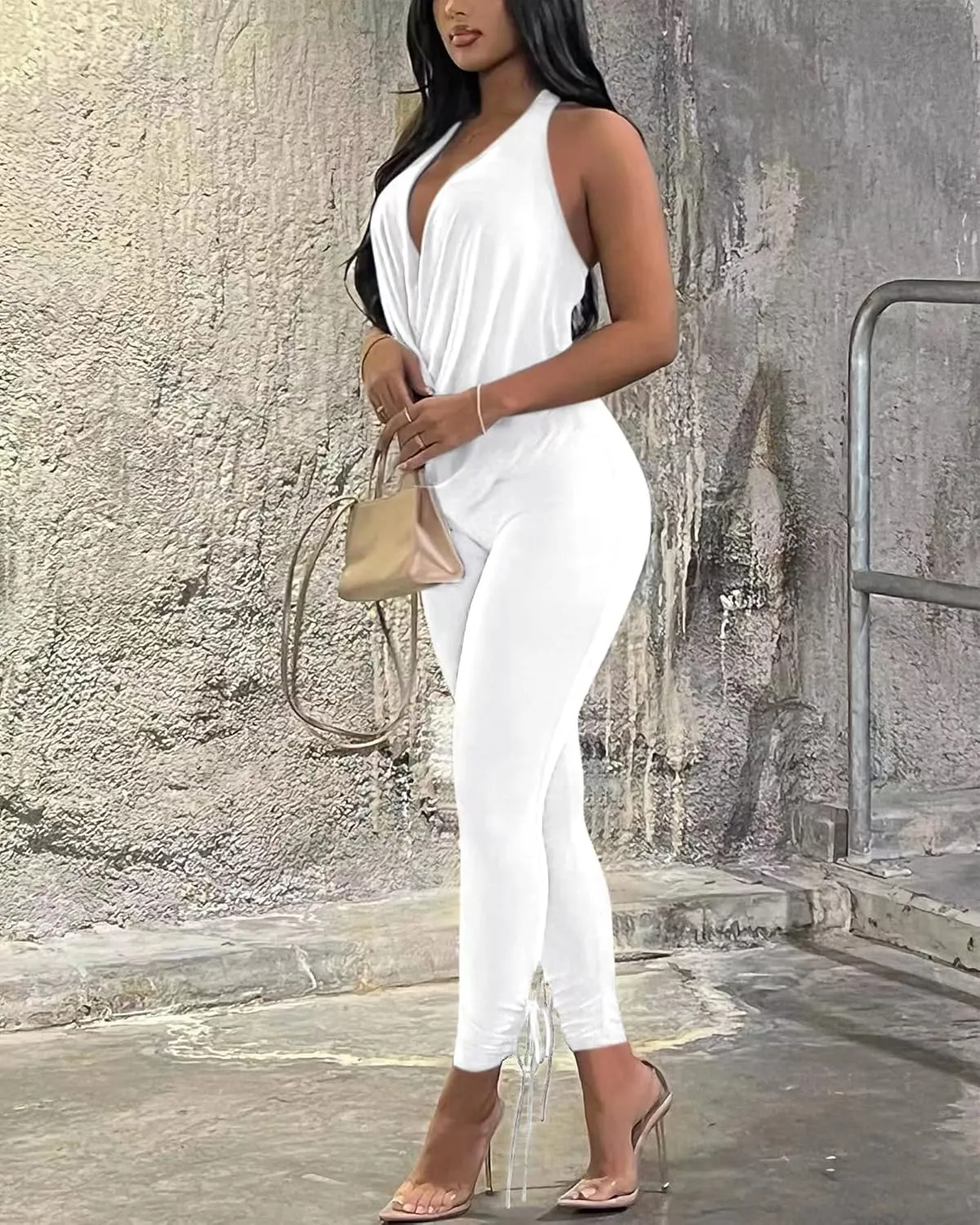Doweha Women's Sexy Summer Two Piece Outfits Sleeveless Backless Deep V Neck Tank Tops And High Waisted Pants Matching Sets