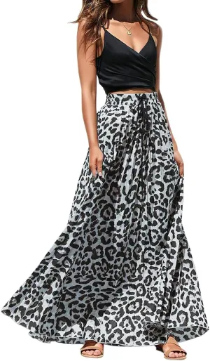 ebossy Women's High Waist Drawstring Pleated Leopard A-Line Flowy Swing Maxi Long Skirt