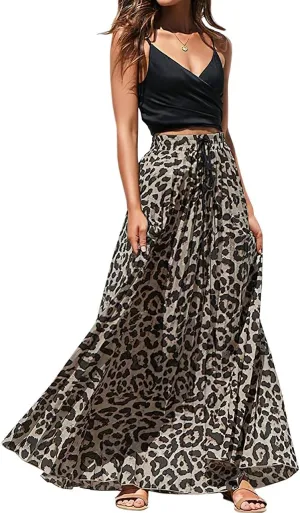 ebossy Women's High Waist Drawstring Pleated Leopard A-Line Flowy Swing Maxi Long Skirt