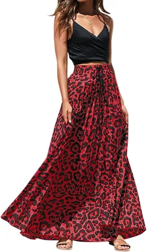 ebossy Women's High Waist Drawstring Pleated Leopard A-Line Flowy Swing Maxi Long Skirt