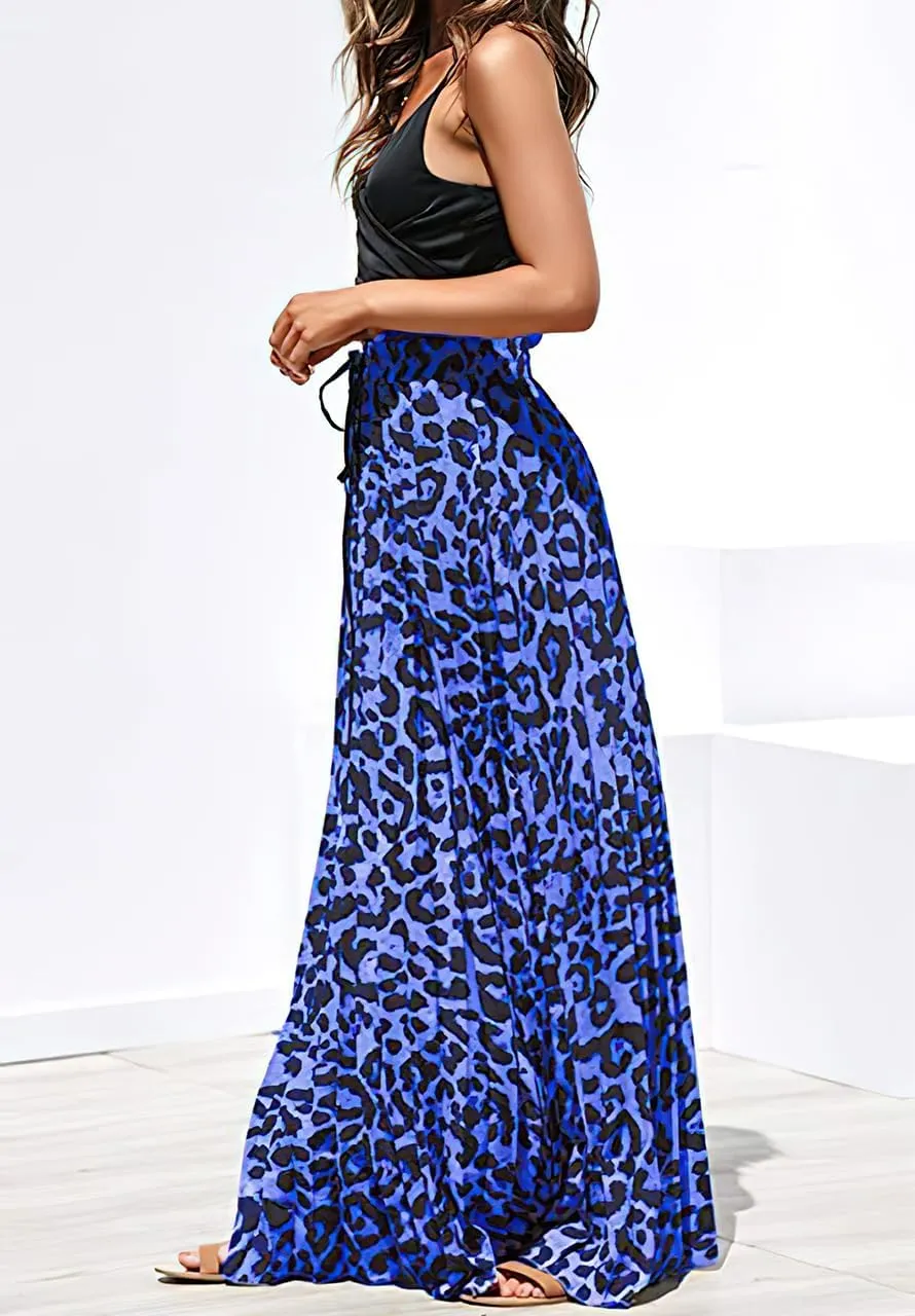 ebossy Women's High Waist Drawstring Pleated Leopard A-Line Flowy Swing Maxi Long Skirt
