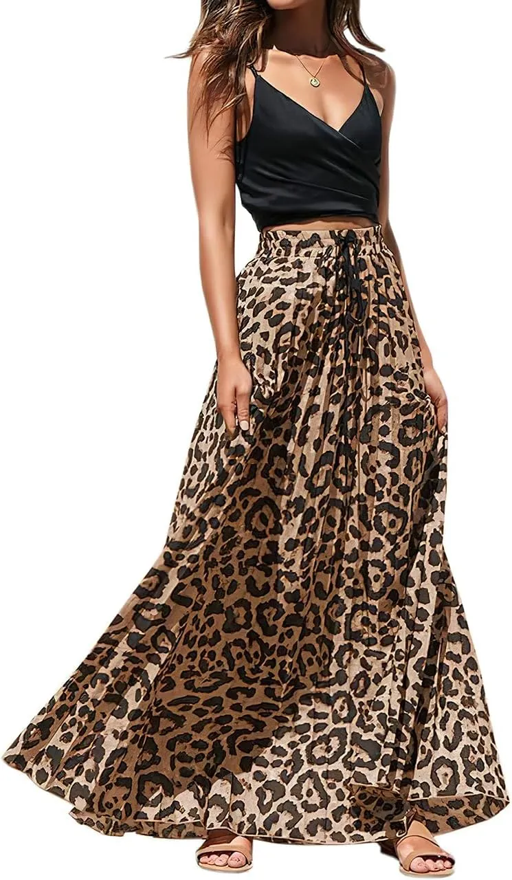 ebossy Women's High Waist Drawstring Pleated Leopard A-Line Flowy Swing Maxi Long Skirt
