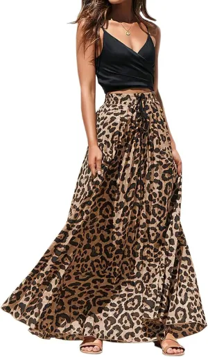 ebossy Women's High Waist Drawstring Pleated Leopard A-Line Flowy Swing Maxi Long Skirt