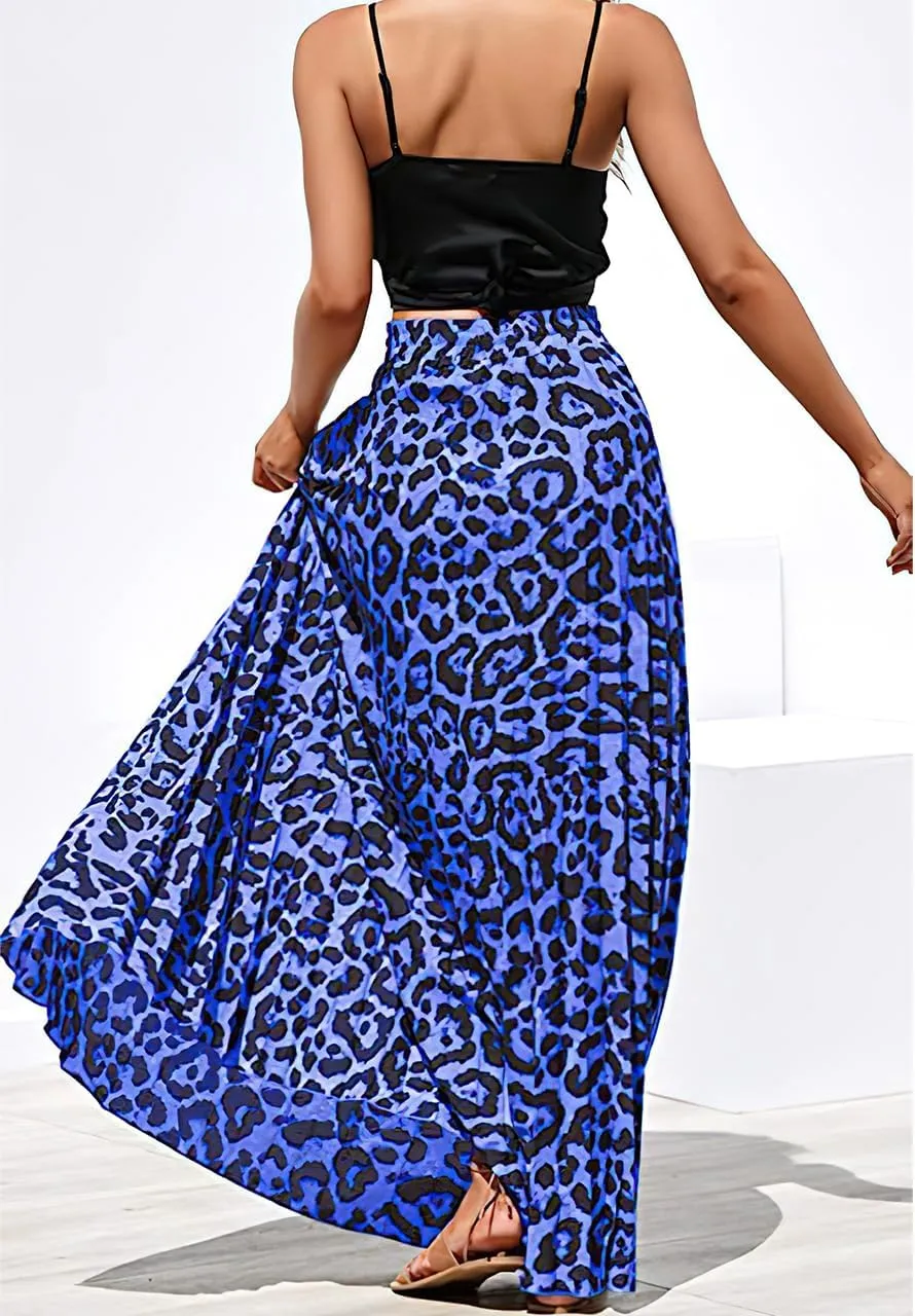ebossy Women's High Waist Drawstring Pleated Leopard A-Line Flowy Swing Maxi Long Skirt