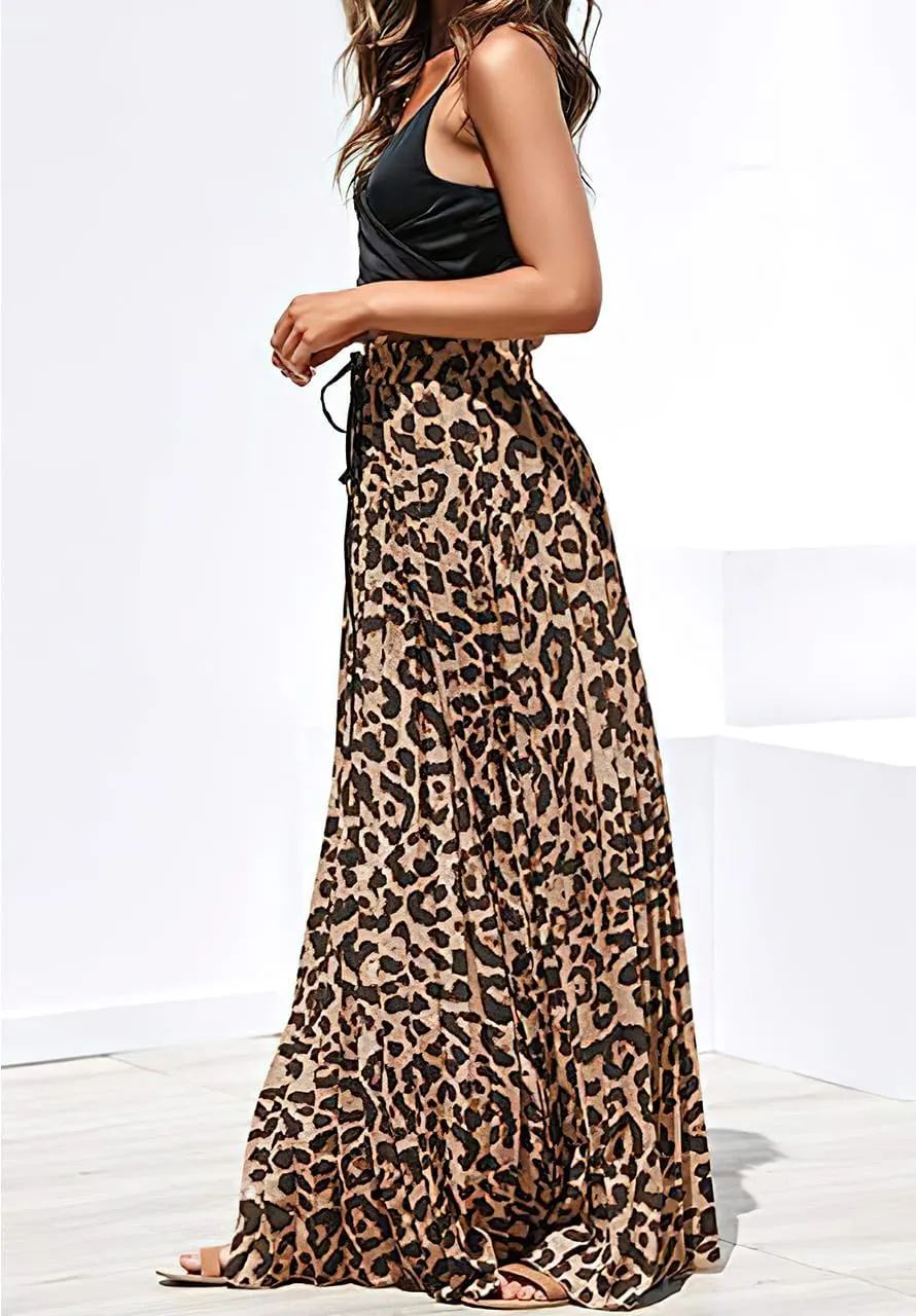 ebossy Women's High Waist Drawstring Pleated Leopard A-Line Flowy Swing Maxi Long Skirt