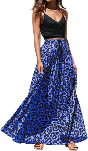 ebossy Women's High Waist Drawstring Pleated Leopard A-Line Flowy Swing Maxi Long Skirt