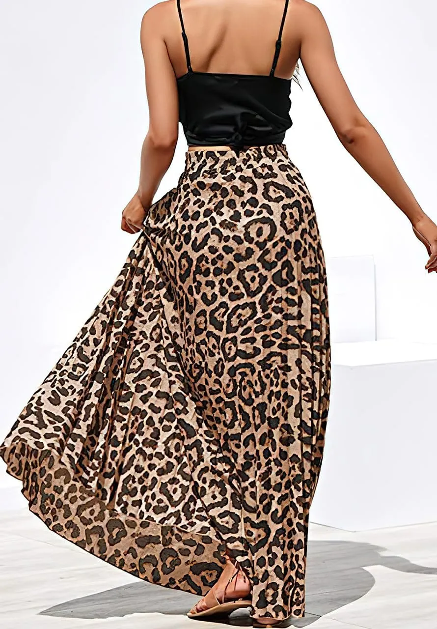 ebossy Women's High Waist Drawstring Pleated Leopard A-Line Flowy Swing Maxi Long Skirt