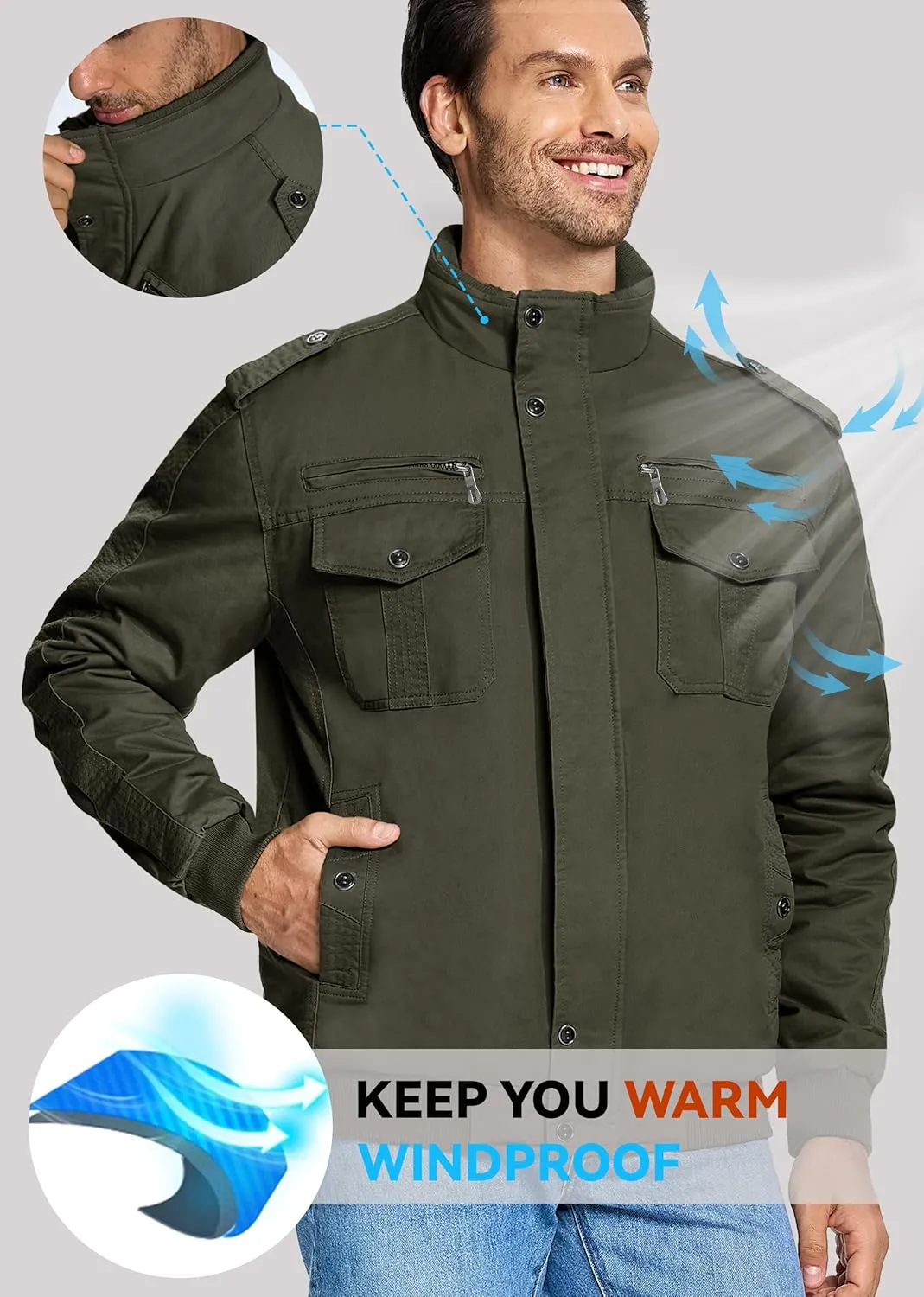 EKLENTSON Men's Thick Thermal Winter Jacket with Multi Pockets Zip Front Fleece Lined Military Jacket for Men