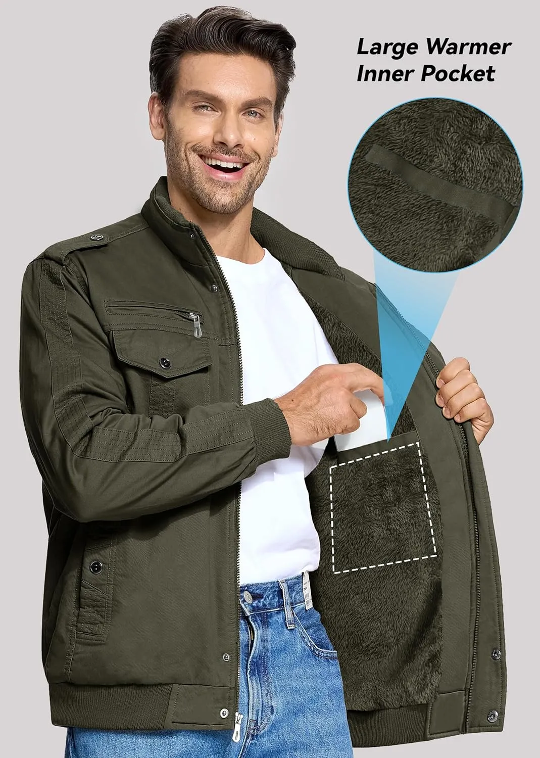 EKLENTSON Men's Thick Thermal Winter Jacket with Multi Pockets Zip Front Fleece Lined Military Jacket for Men