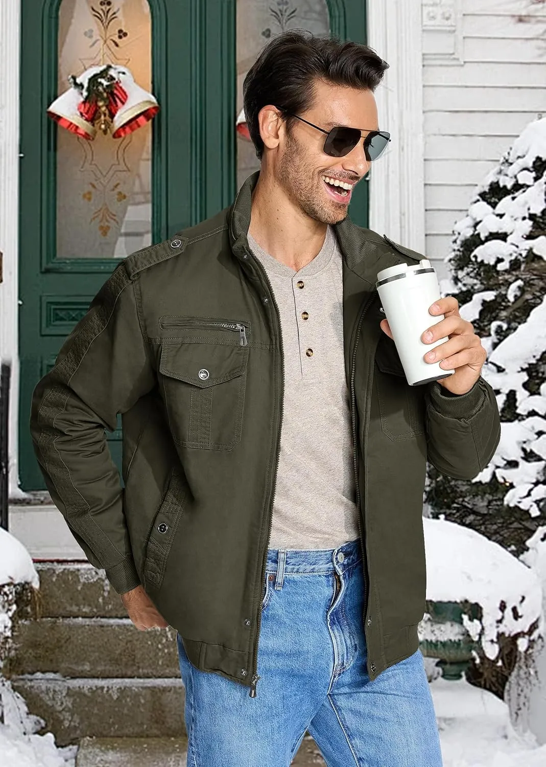 EKLENTSON Men's Thick Thermal Winter Jacket with Multi Pockets Zip Front Fleece Lined Military Jacket for Men