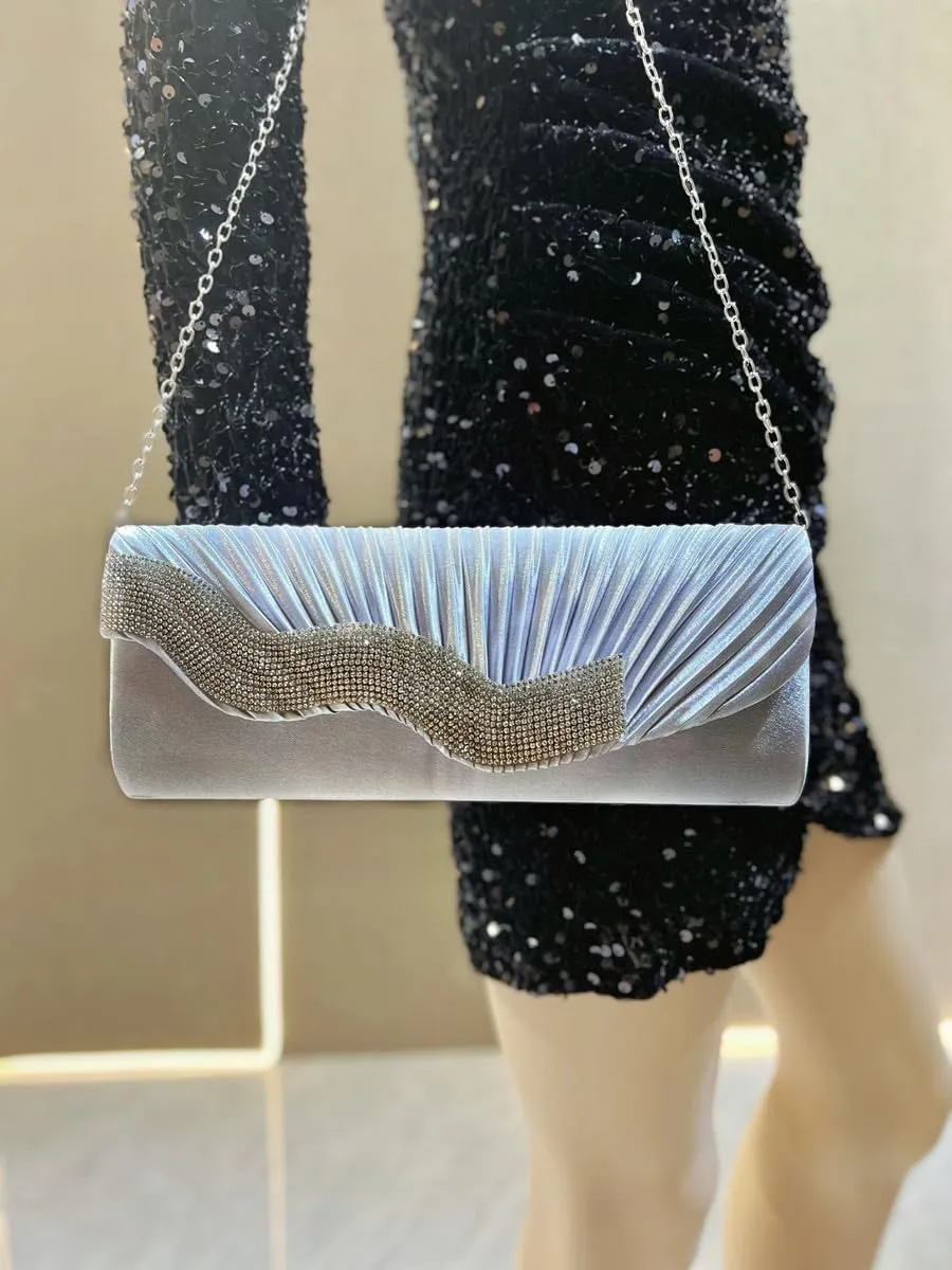Elegant Evening Clutch with Silk Pleats and Diamond Embellishments Fashionable Shoulder Bag for Evening Parties