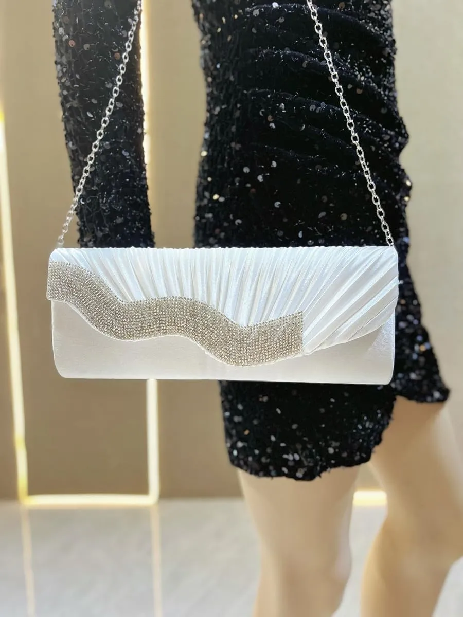 Elegant Evening Clutch with Silk Pleats and Diamond Embellishments Fashionable Shoulder Bag for Evening Parties