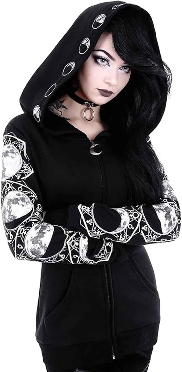 Fashion Gothic Zip Up Hoodies for Women 2025 Punk Halloween Costumes Hooded Jacket Plus Size Long Sleeve