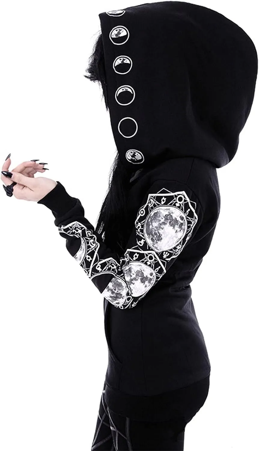 Fashion Gothic Zip Up Hoodies for Women 2025 Punk Halloween Costumes Hooded Jacket Plus Size Long Sleeve