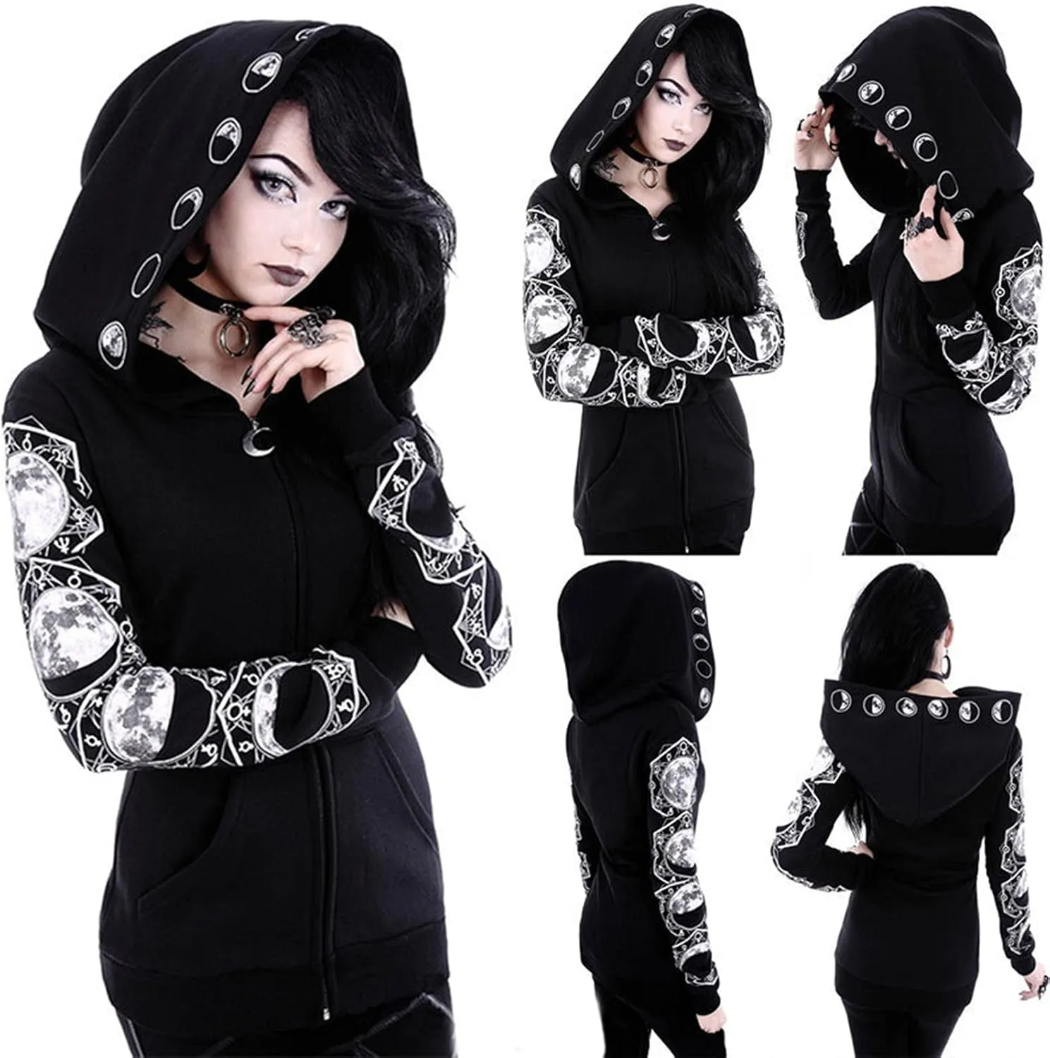 Fashion Gothic Zip Up Hoodies for Women 2025 Punk Halloween Costumes Hooded Jacket Plus Size Long Sleeve